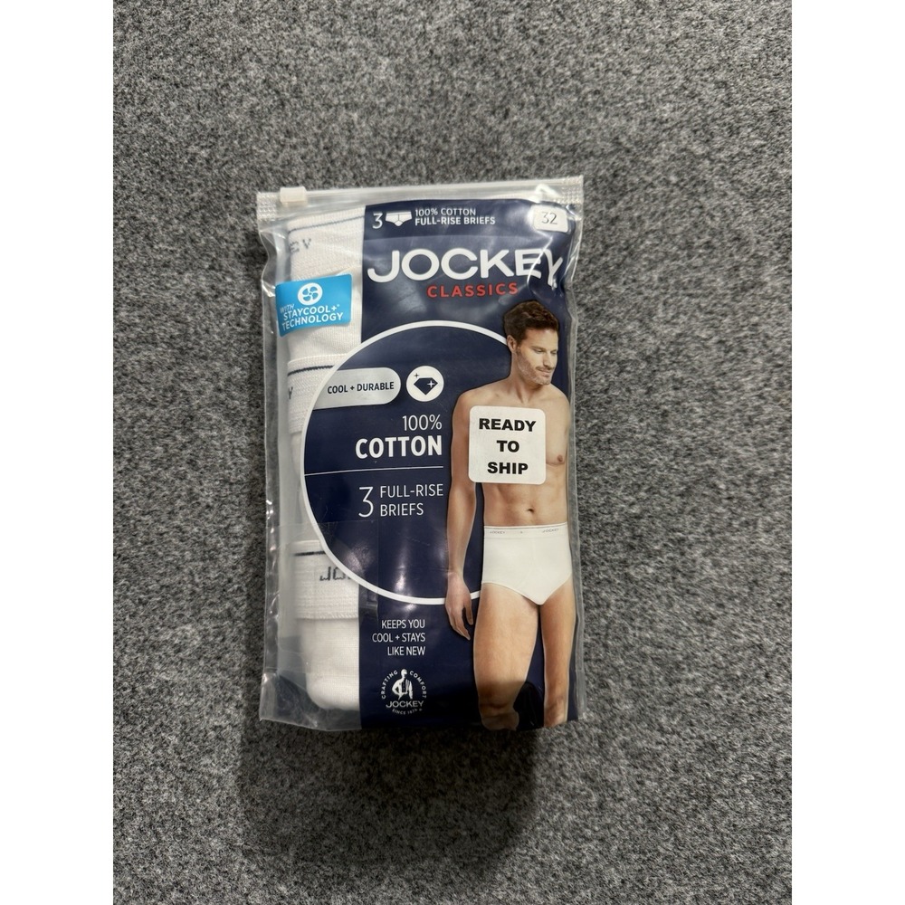 Jockey Classic Full‎ Rise Briefs 32 Underwear White Cotton Mens Y Front 3 Pack